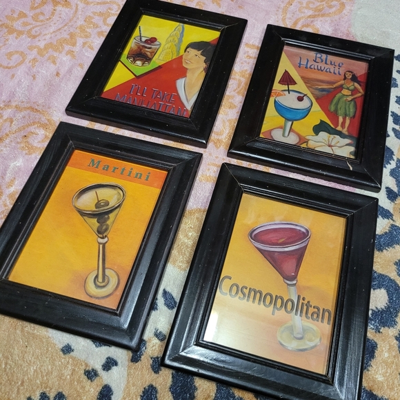 Other - Vintage Cocktail Art Reprints in Wood Frames, Set Of 4